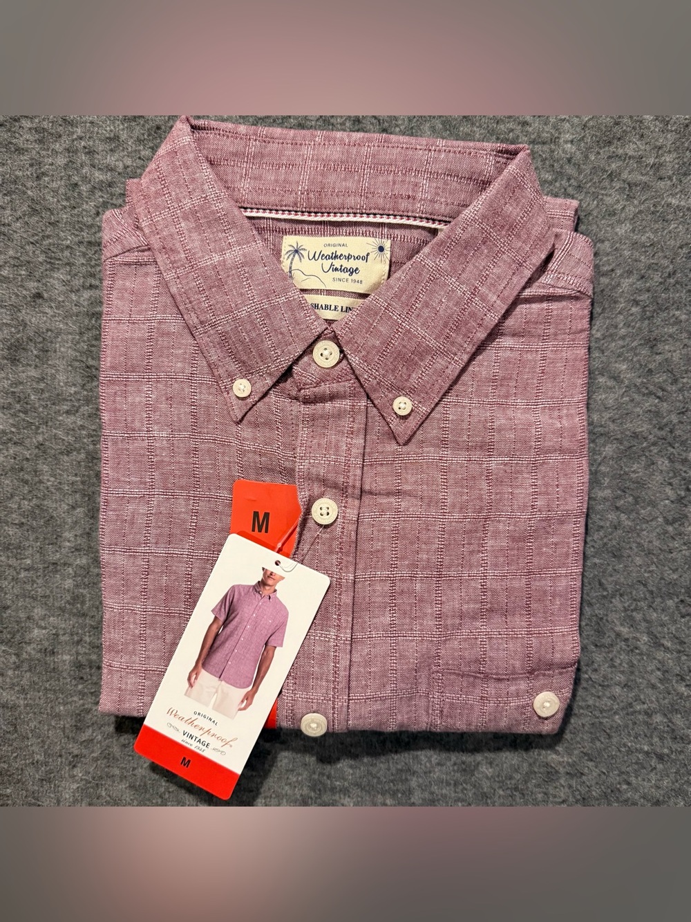 Weatherproof Vintage Linen Shirt Mens M Maroon Red Short Sleeve Button Up NWT